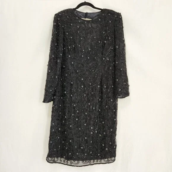 Vintage JOAN LESLIE Hollywood-Fairy-Tale Beaded Black Silk Sheath Dress Size 10. - Picture 4 of 16